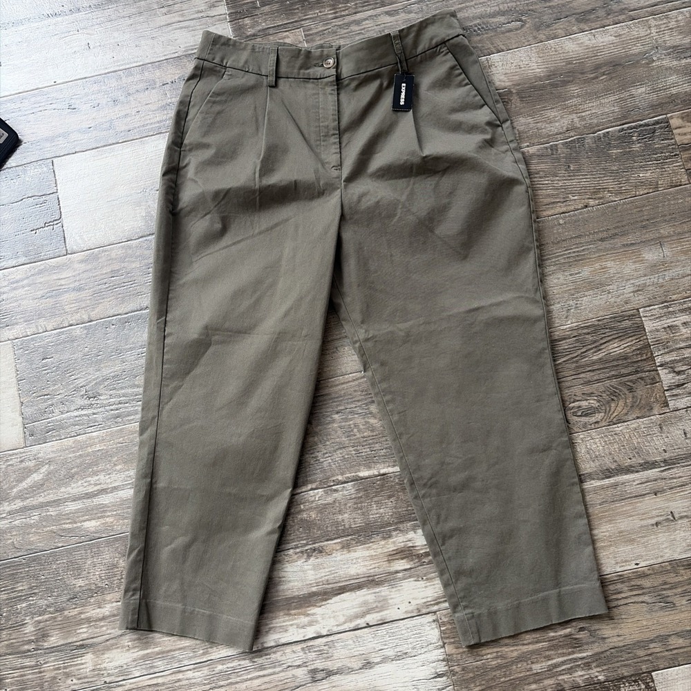 Express High Rise Ankle Pants Womens 12S Green Stretch Pleated Straight Chino